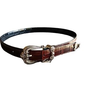 Black/brown Brighton leather reversible heart croc embossed belt sz ML 32